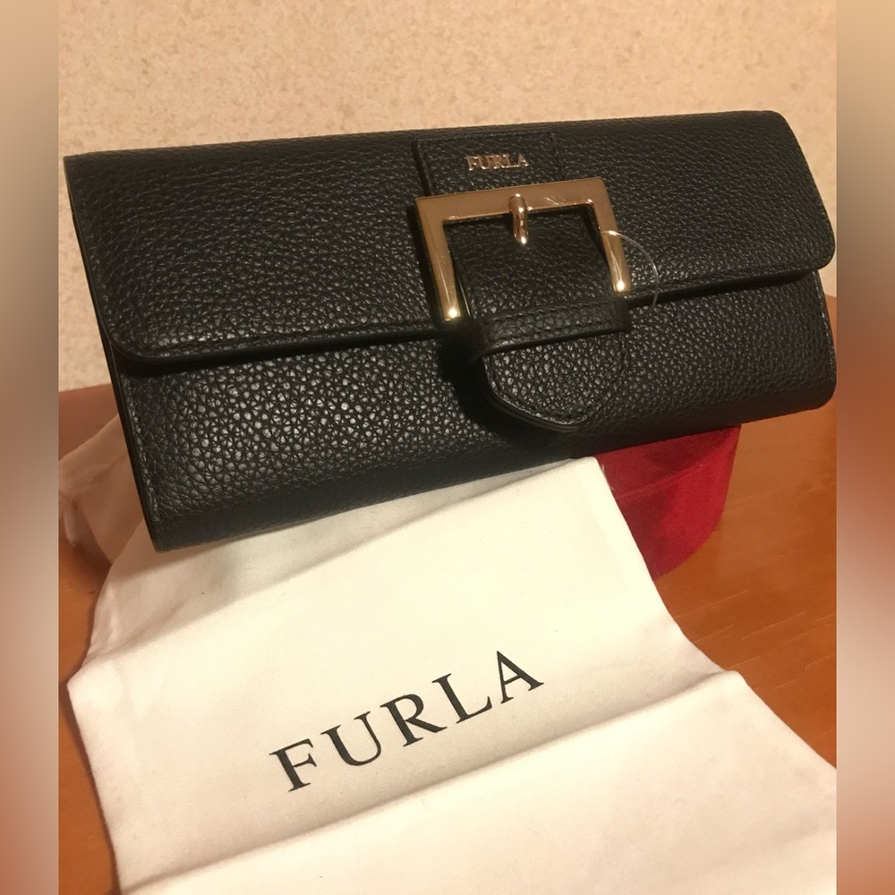 Furla Textured Black Wallet with Gold Accent NWT
